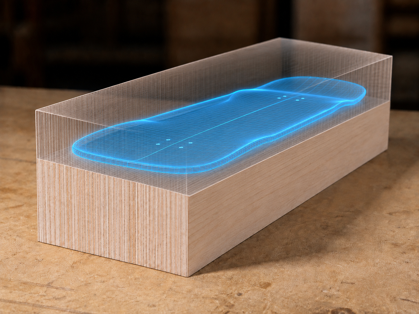 Digital skateboard mold surface embedded at the six-inch mid-height of a vertical-laminated hard maple billet