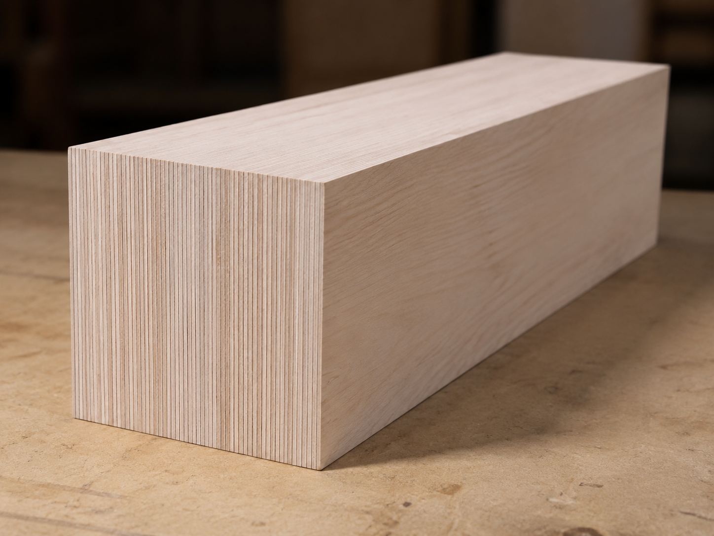 Temporary visualization of a 12 by 36 inch vertical-laminated hard maple billet constructed from 168 veneer sheets